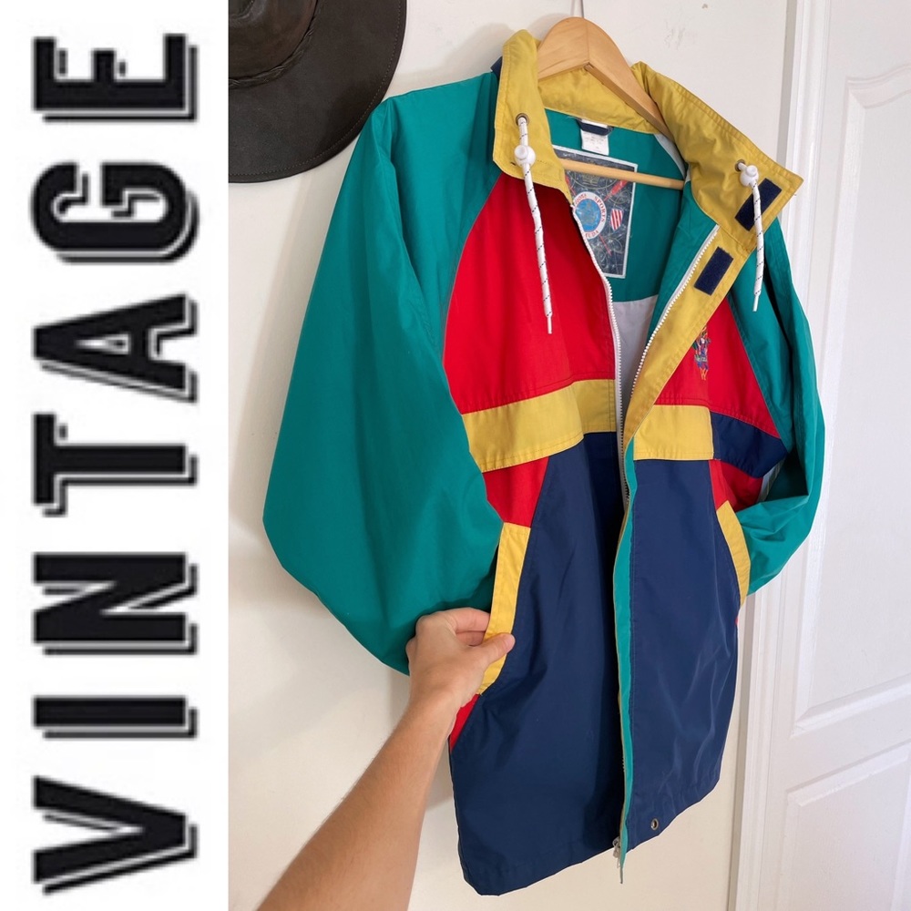 EUC vintage colour block windbreaker full-zip jacket with hidden hoodie, Size L - Picture 3 of 15